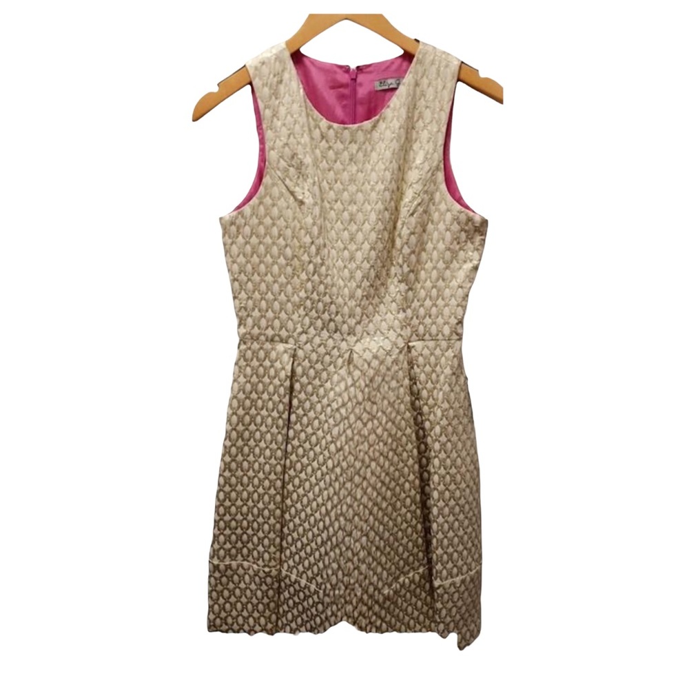 NWT Eliza J Women's Gold Metallic Fit & Flare Dress with Pink Satin Lining